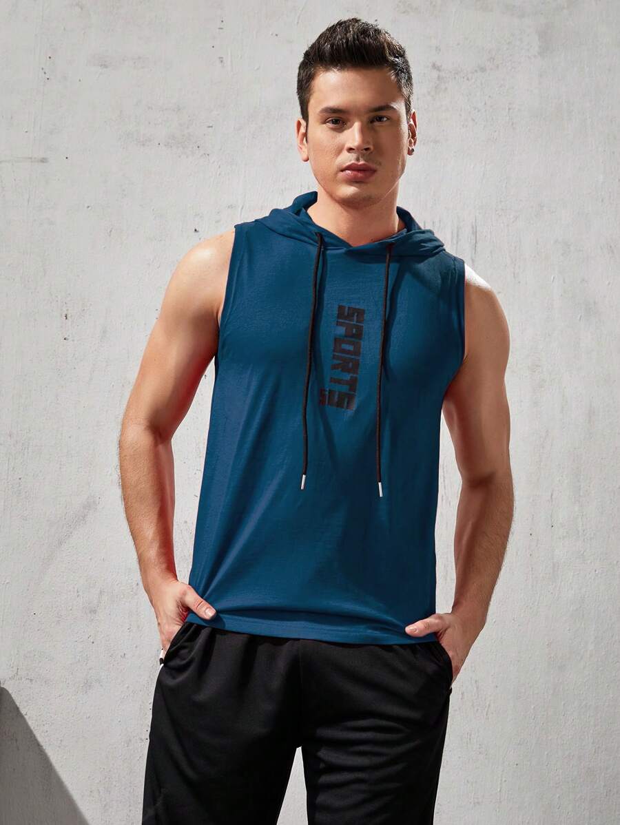 Manfinity Fitness 男式字母印花抽绳连帽运动背心 - 霧霾藍 - 查看 1