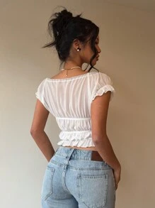 Aloruh Women's Sexy Elegant Deep V-Neck Red Bowknot Strap Ruched Ruffle Trim White Blouse Tops Women White Top Summer Tops Crop Tops Women Going Out Tops Women