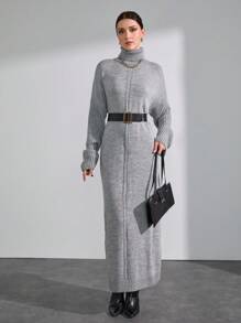 CLARA VERO 女式高领蝙蝠袖套衫长款针织连衣裙 - 淺灰色 - 查看 1