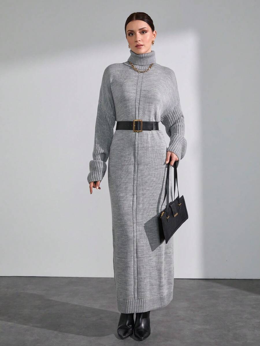 CLARA VERO 女式高领蝙蝠袖套衫长款针织连衣裙 - 淺灰色 - 查看 1