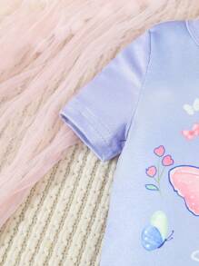 4 件套女婴可爱蝴蝶和字母印花彩色条纹短袖上衣和短裤紧身睡衣 - 彩色 - 查看 5