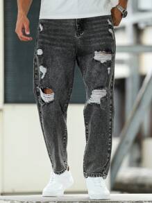 Manfinity Roughcore Quần Jeans Nam Túi Xiên Rách Dáng Rộng - Màu xám đen - Xem 8