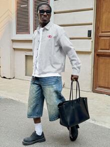 AXEPEAK 男士休闲学院风条纹宽松长袖衬衫，校园风，街头风，秋季 - 彩色 - 查看 3