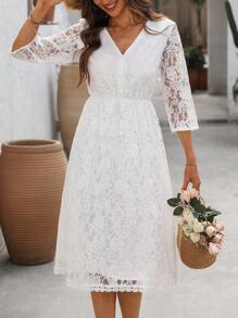 EMERY ROSE 女士花卉蕾丝 V 领 3/4 袖优雅中长连衣裙 - 白色 - 查看 1