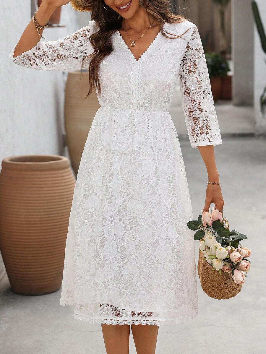 EMERY ROSE 女士花卉蕾丝 V 领 3/4 袖优雅中长连衣裙 - 白色 - 查看 1