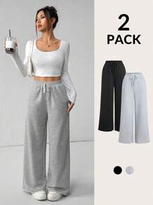 SHEIN PETITE 女士休闲纯色阔腿运动裤（两件装）