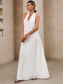 SHEIN VCAY Vestido casual de unicolor sin espalda de halter para vacaciones de mujer - Blanco - Ver 6