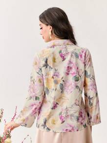 Modelyn 女士花卉印花灯笼袖浪漫优雅衬衫 - 米色 - 查看 2