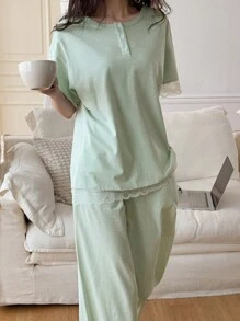 DAZY 2 件套女士条纹宽松短袖睡衣套装 - 綠色 - 查看 5