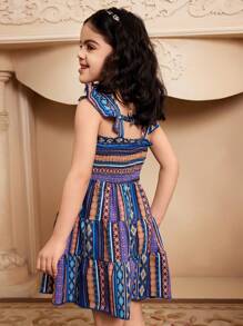 SHEIN 斋月风格年轻女孩多彩复古印花细肩带小女孩连衣裙