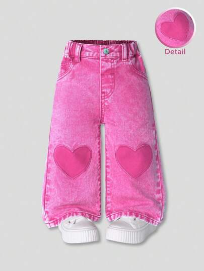 SHEIN Baby Girls' Casual Heart Embroidered Loose Fit Pink Adorable Denim Jeans For Everyday Wear