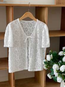 DAZY Casual Lace Cardigan, Solid Color Drawstring Short Sleeve Blouse For Women, Spring/Summer - White - View 5