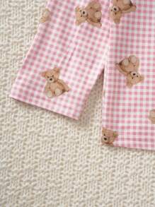 SHEIN 2pcs/Set Baby Girl Cute Pink Plaid Bear Pattern Shirt And Loose Fit Pants Casual Pajama Set