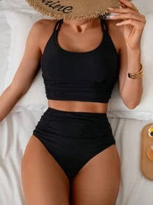 Swim Basics Beach Ruched Top & Ruched Bottom Slimming Tankini Set, For Summer Vacation - Black - View 4