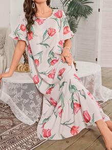 Ruched Peplum Hem Floral Print Long Nightgown - Multicolor - View 1