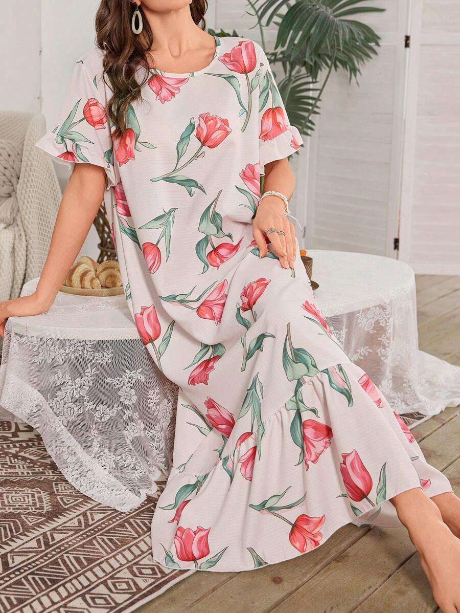 Ruched Peplum Hem Floral Print Long Nightgown - Multicolor - View 1