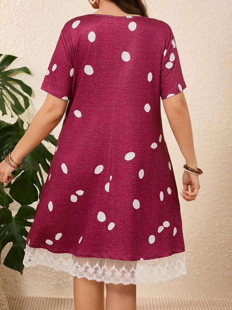 Plus Size Women Polka Dot Print Contrast Lace Short Sleeve Casual Vacation Dress,Summer Dresses For Women,St Patrick Day Outfit,Summer Outfits For Women,Vacation Outfits Woman