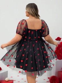 SHEIN CURVE+ CURVE PLUS /Valentine's Day/Curve Plus Embroidered Doll Mesh Dress, Red, Heart-Shaped, Valentine's Day, Fluffy Skirt, Princess Dress. Party Valentine's Day, Romantic Valentine's Day - Blue - View 2