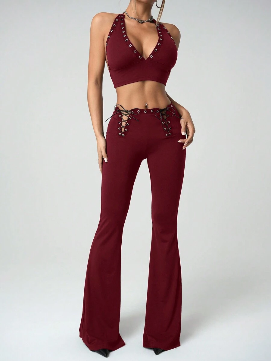 SHEIN ICON Y2k 假日性感挂脖交叉露背短款上衣和低腰抽绳裤两件套 - 酒紅色 - 查看 1