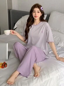 DAZY 2pcs/Set Loose Short Sleeve Printed Women Loungewear Set Pajama - Mauve Purple - View 4