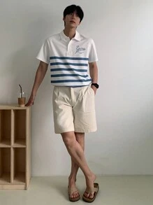 DAZY Summer Men's Abstract Letter Printed Striped Polo Shirt - Blue and White - View 8