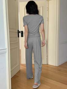 DAZY 2pcs Women Short Sleeve Solid Color Comfortable Pajama Set - Grey - View 2