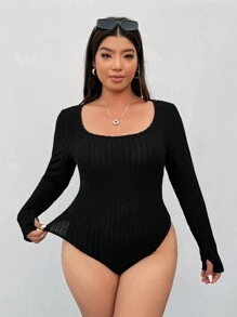 SHEIN EZwear 2pcs Black & Gray Plus Size Crew Neck Long Sleeve Bodysuit Set