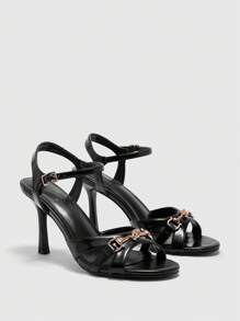 CUCCOO BIZCHIC Women's Classic Commuter Comfortable Retro Black Striped Woven Bit Buckle High Heel Sandals - Black - View 9