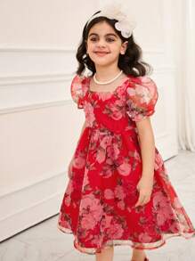 SHEIN 年轻女孩碎花圆领泡泡袖修身连衣裙 - 彩色 - 查看 3