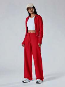 LYSMO 2pcs Women's Solid Color Zip Front Long Sleeve Top & Full Length Pants Set - Red - View 4