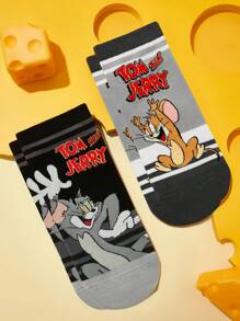TOM & JERRY X SHEIN 2 pares de calcetines de media pierna suaves, transpirables y antideslizantes de color block de moda, con refuerzo en el dedo del pie y el talón, resistentes al desgaste, unisex en negro y azul, para todas las temporadas