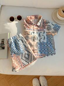 2 Pieces Baby Boys Casual Cute Geometric Pattern Lapel Short Sleeve Shirts, Suitable For Spring/Summer Indoor & Outdoor Wear