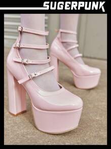 Sugerpunk High Platform Strap Roman Pumps For Ladies, Chunky Heel Stage Shoes Spring Shoes Spring Break Easter Prom Heels - Pink - View 2