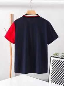 Tween Boys' Casual Color Block Patchwork Polo Shirt With Flat Collar, Short Sleeve, Suitable For Autumn, Spring, Summer, Outdoor Play, School, Street Snap, Party And Casual Home Wear