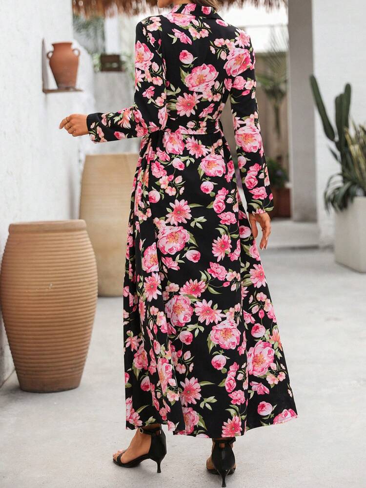 Women's Elegant Floral Allover Print Button Front Dress
