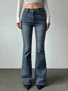 DAZY Women's Casual Distressed Slim Fit Flare Leg Jeans Low Rise Jeans - Medium Wash - View 2