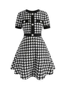 SHEIN Firerie Kids Váy dệt kim cổ tròn tay ngắn họa tiết Houndstooth chắp vá cho bé gái tuổi mới lớn, trang phục thường ngày khi trở lại trường - Đen và trắng - Xem 7