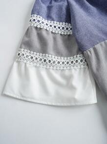 Rusticease 加大码女式乡村撞色拼接水溶蕾丝喇叭袖宽松娃娃衫，夏季女装 - 彩色 - 查看 3