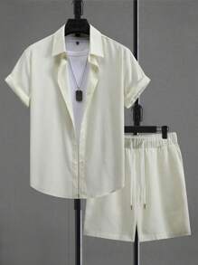 Manfinity Homme Men's Solid Color Short Sleeve Shirt And Shorts Set Men Summer Clothes Set - White - View 1