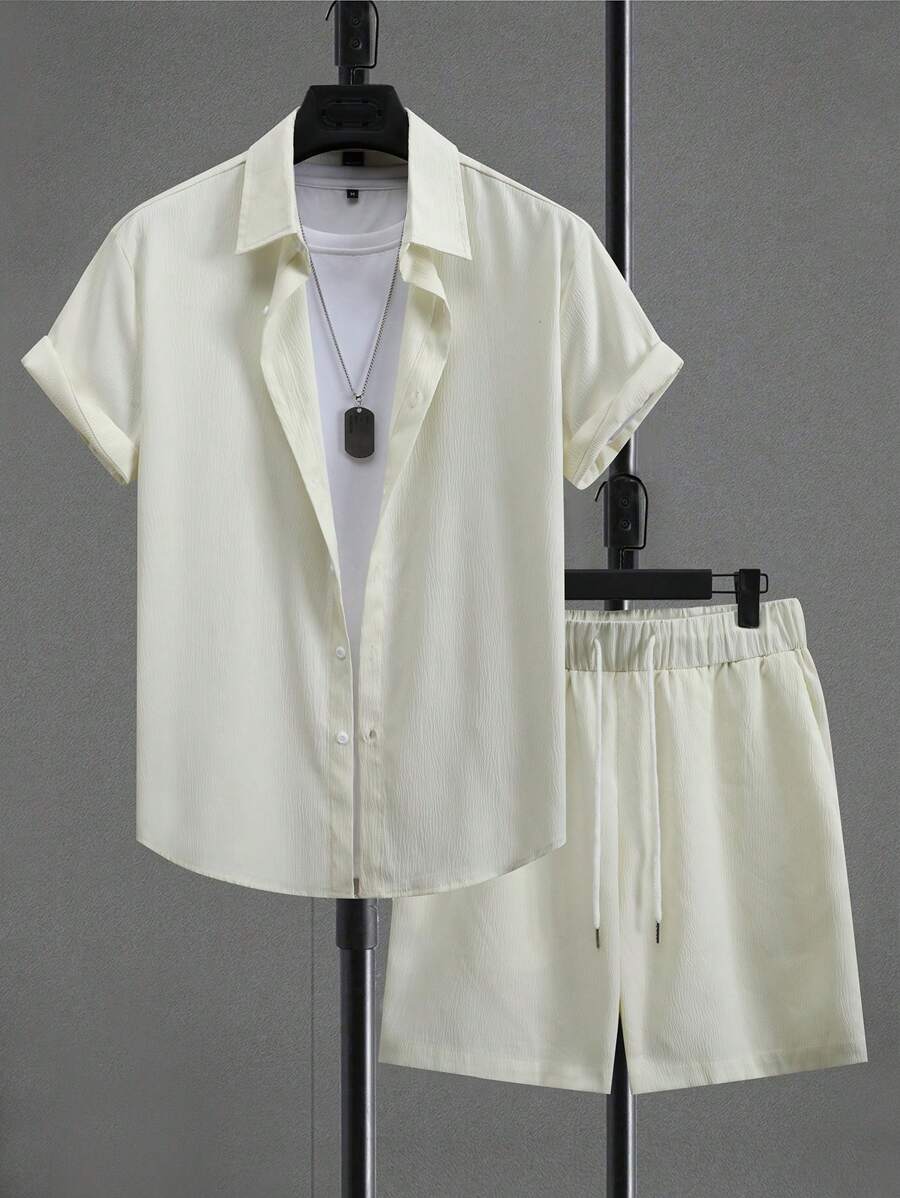 Manfinity Homme Men's Solid Color Short Sleeve Shirt And Shorts Set Men Summer Clothes Set - White - View 1