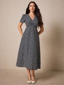 Poéselle Women's Floral Print Twist Knot Side Slit Dress
