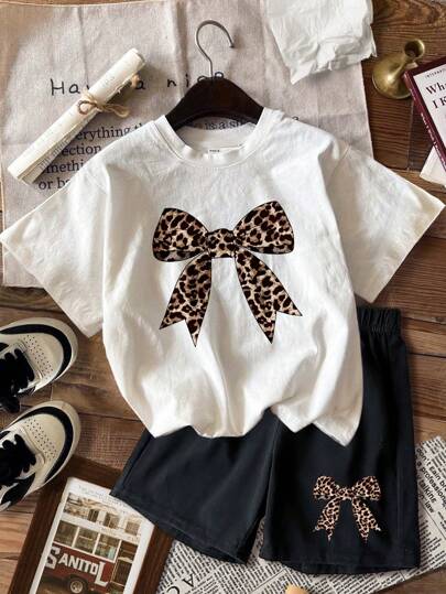 SHEIN Leap Crew Vintage Leopard Bow Print, Tween Girls Casual Minimalist Short Sleeve T-Shirt And Shorts 2 Pieces Set, Suitable For Summer