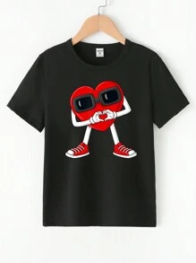 SHEIN Explorewe 青少年男孩情人节休闲心形印花基本款短袖 T 恤搭配时尚太阳镜设计