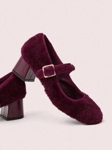 CUCCOO DOLLMOD Thick Heel French Mary Jane Fluffy Women Shoes, Square Toe, Fashionable For Autumn/Winter Valentine's Day - Burgundy - View 1