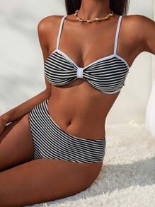 Swim Vcay 海军风格条纹纹理女士比基尼套装泳装，适合夏季海滩度假 - 黑與白 - 查看 5