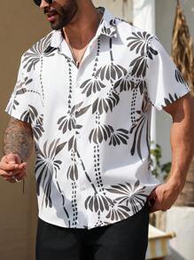 ResortEase Men's Plant Print Short Sleeve Button-Down Casual Shirt - Beige - View 5