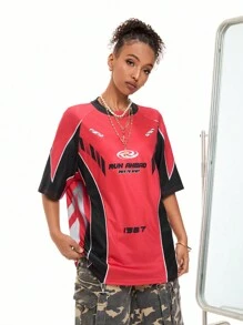 SHEIN EZwear Camiseta de mujer de manga raglán con cuello redondo y estampado de letras core block para salir en primavera/verano - Multicolor - Ver 6