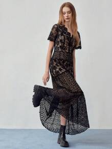 MOTF STUDIO GUIPURE LACE RUFFLE HEM DRESS - Black - View 5