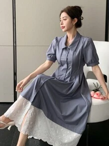 DAZY Vestido camisero de mujer midi con mangas abullonadas y bloques de color para usar al aire libre