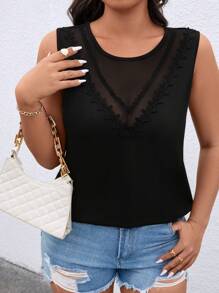 EMERY ROSE 大码女式优雅设计网眼拼接背心 - 黑色 - 查看 4